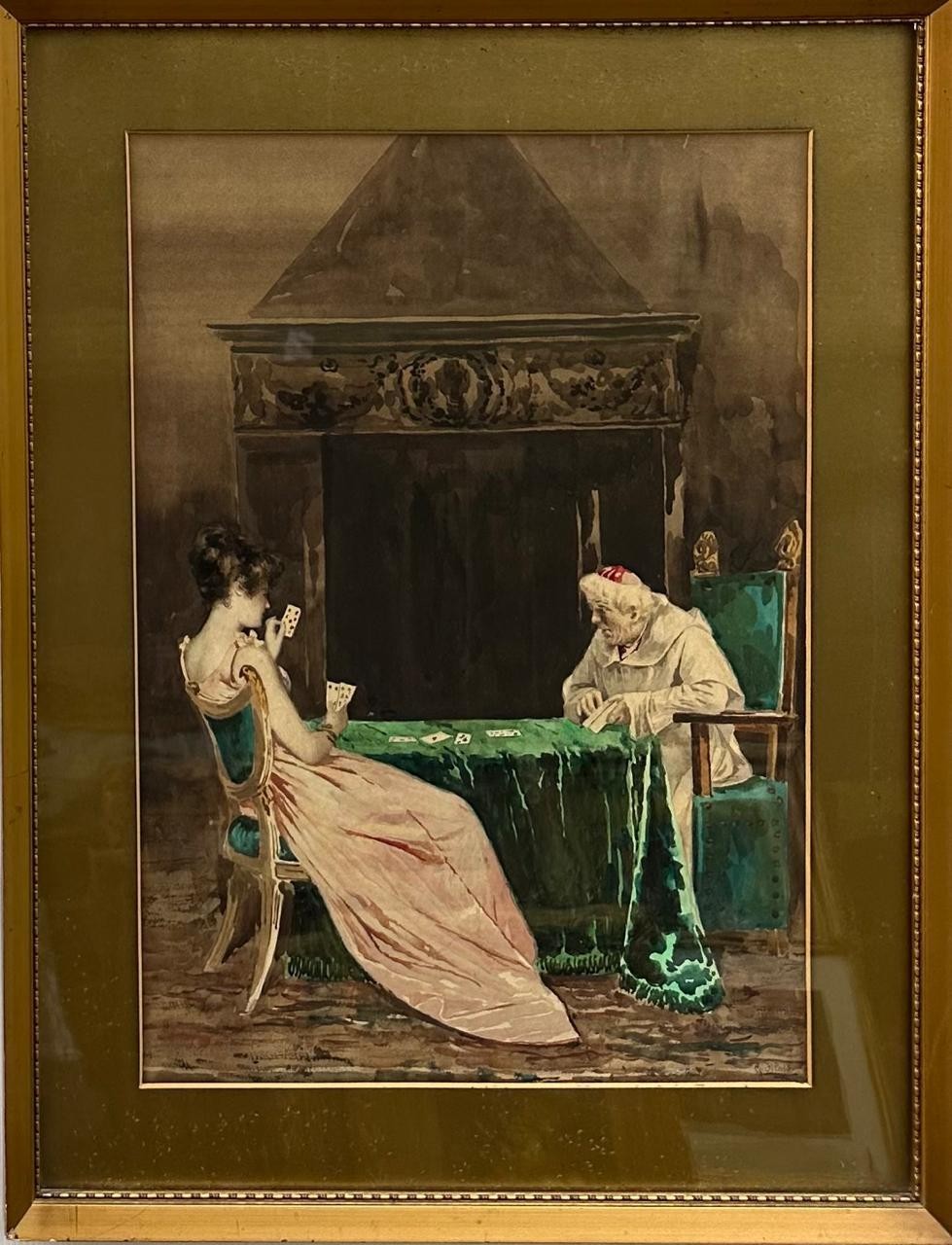 Attr Giovanni Battista Filosa (Italian, 1850-1935) : Card Players, watercolour