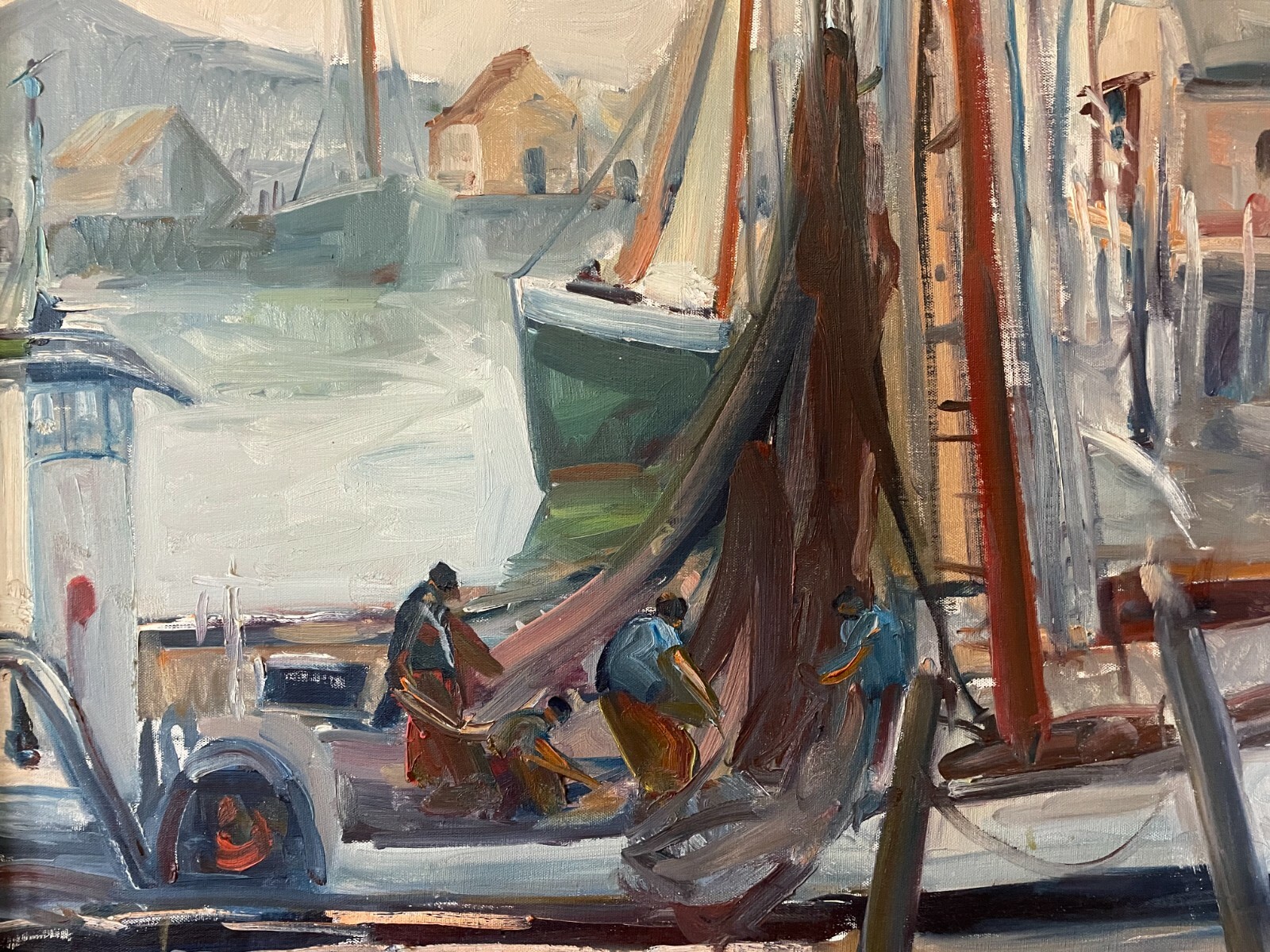 Regina Gates Signed Mid Century Modern Painting «At Work on the Nets» 32″ x 26″