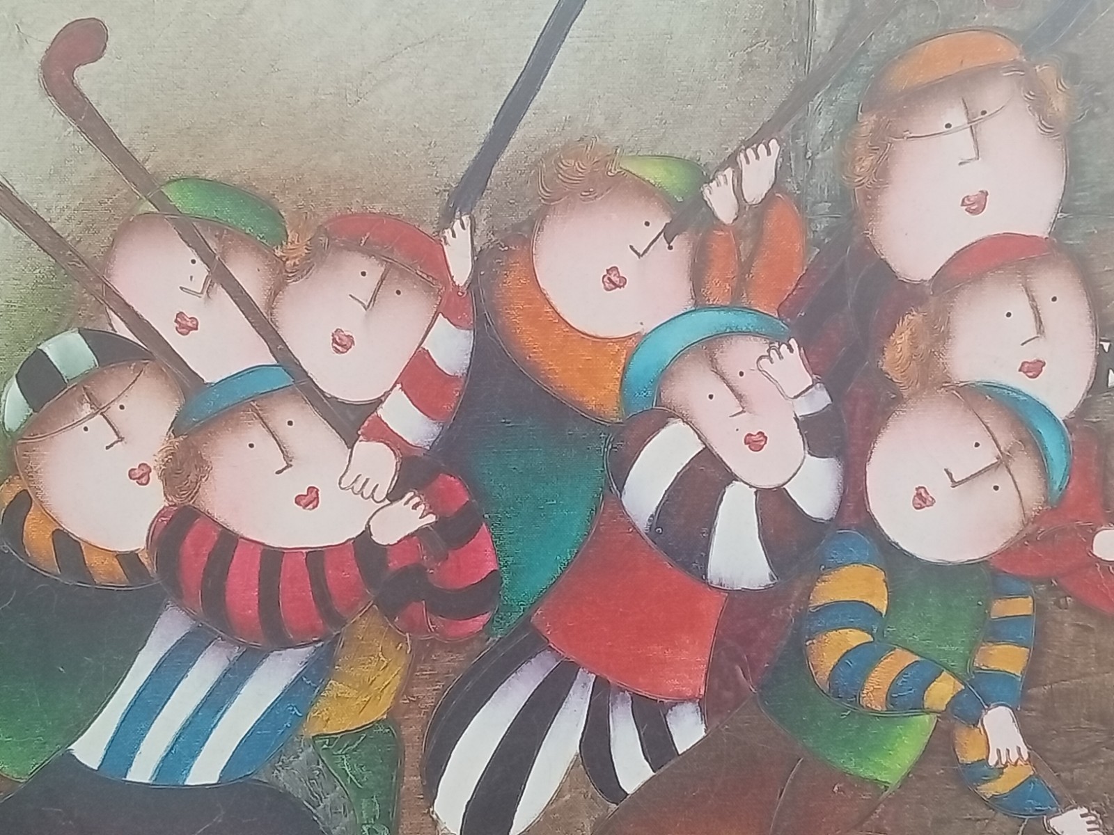 J. Roybal Children Playing Hockey Painting Signed