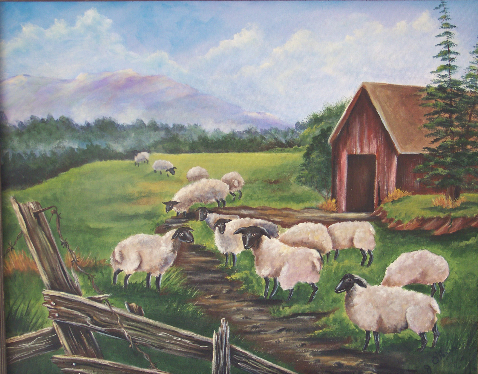 Barn & Sheep painting reproduction print 8 x 10 on linen card stock