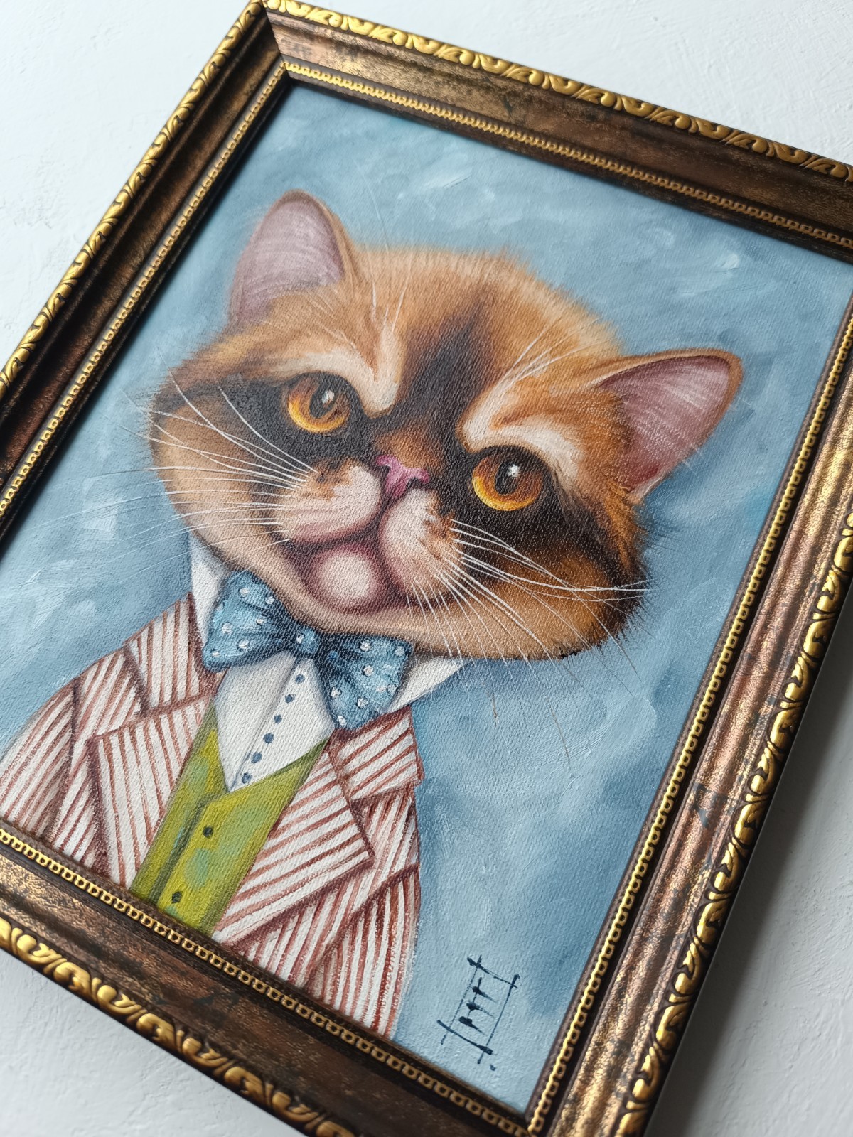 Dapper Tom Cat Original Oil Painting Framed Wall Art 8×10 in