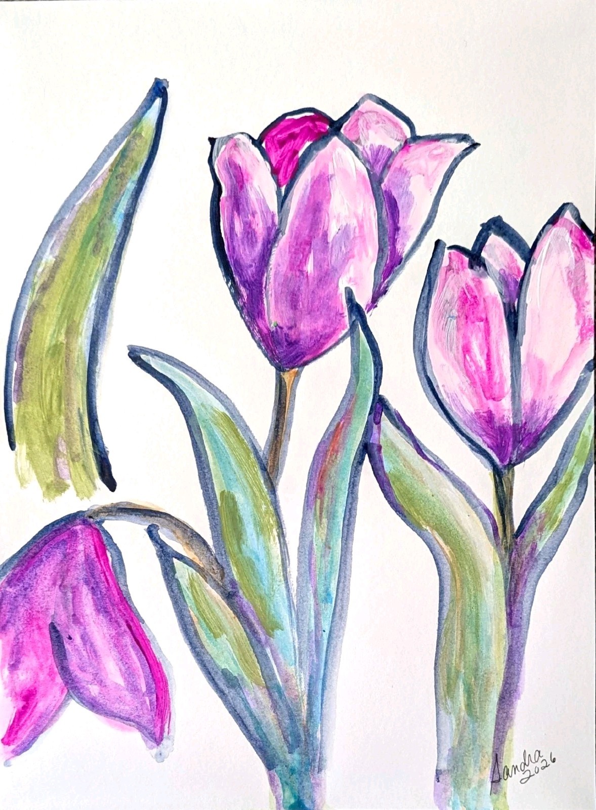 Fresh Flowers Tulip Love 9×12 Original Acrylic Art Painting On Paper Signed