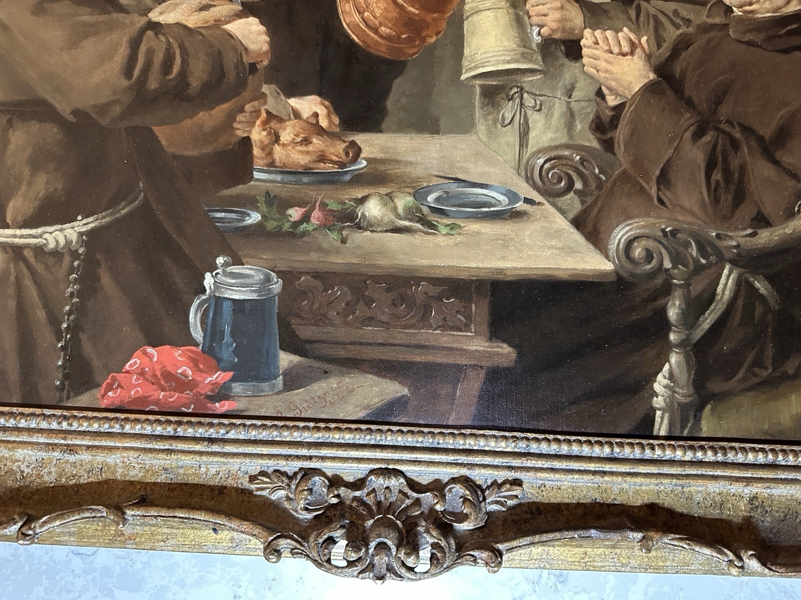 Monks at Table with Stein – Signed “E. Grutzner” – Oil on Wood Panel Painting