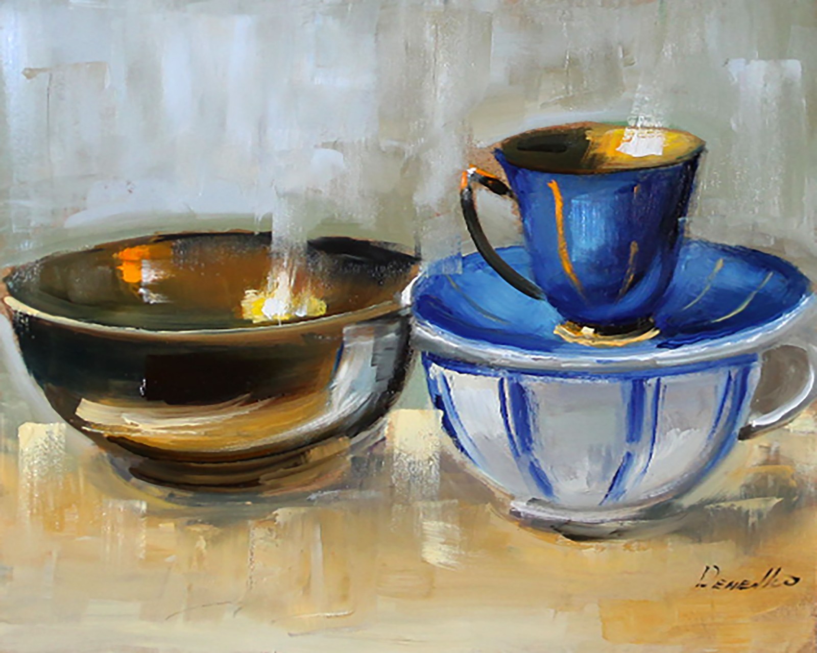 Demenko Natalia abstract gold and colorful cups still life Oil painting UKRAINE