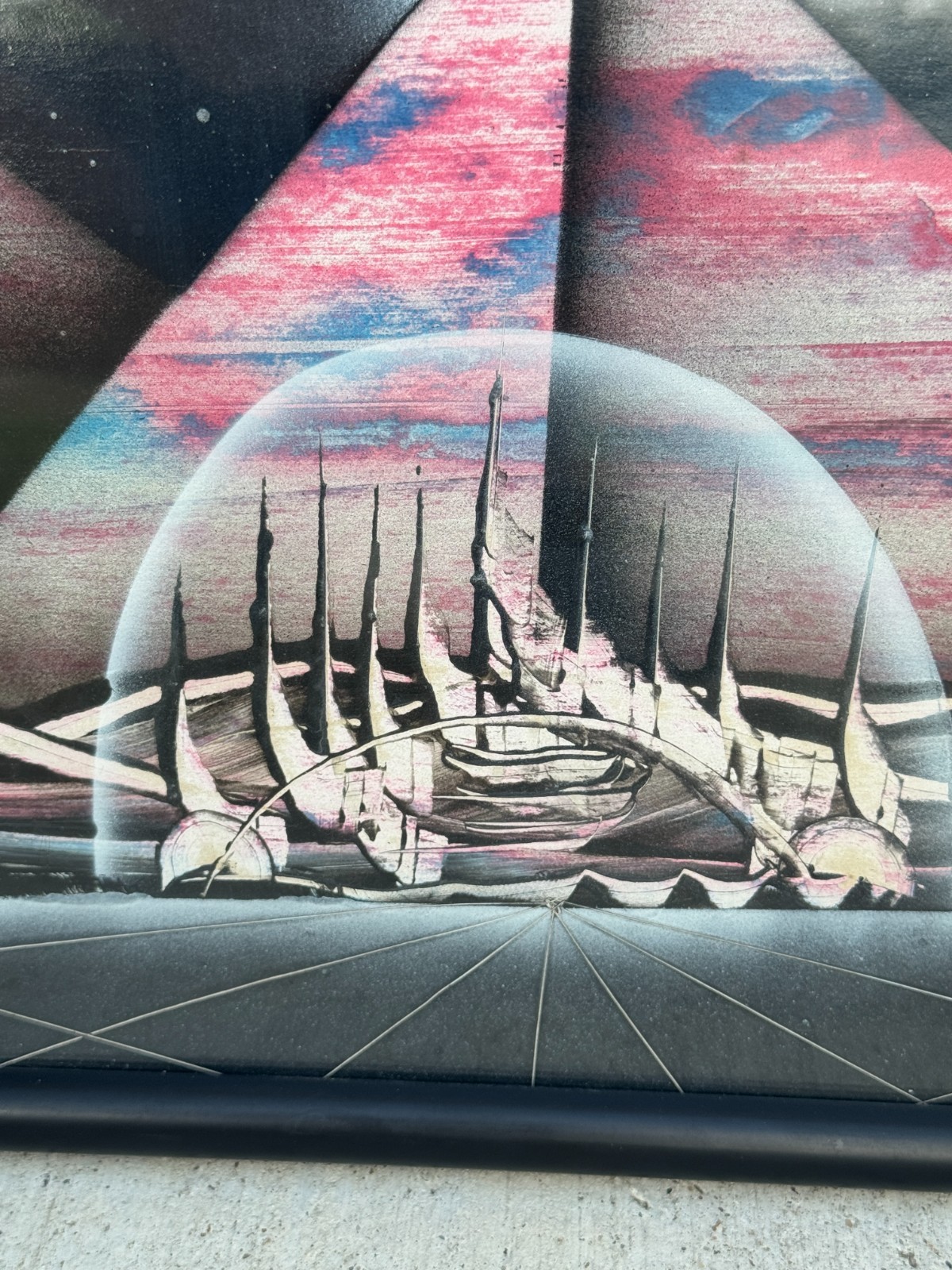Original Spray Paint Art Painting Signed Pyramids Space like Planet Framed 16×20