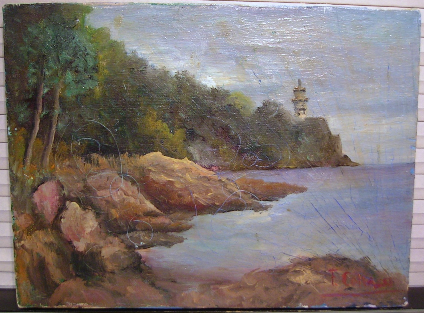 Antique Landscape Coastal Lighthouse Oil Painting Signed