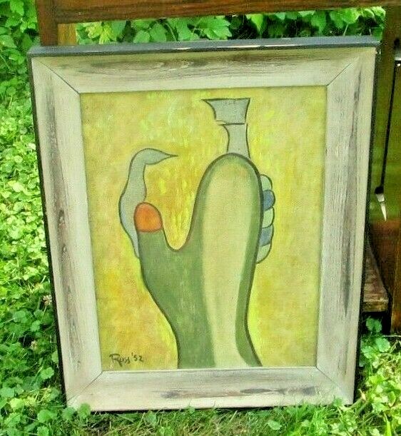 Mid-Century Modernist Hands Oil Painting Abstract Figurative Peace Ross 1952 VTG
