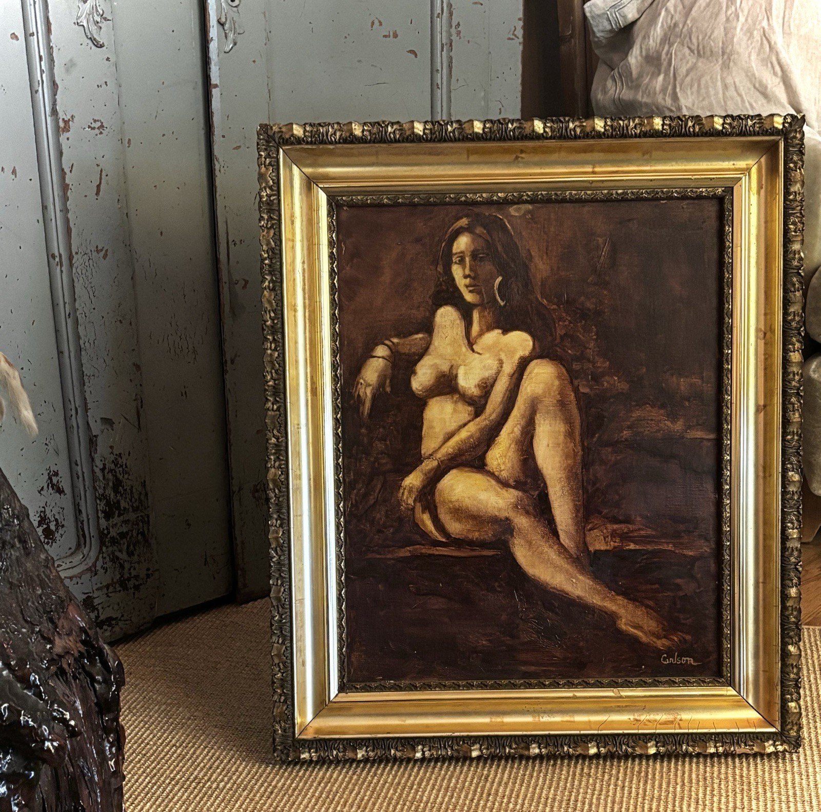1960 NUDE signed on canvas Antique frame MOODY 22 x 26
