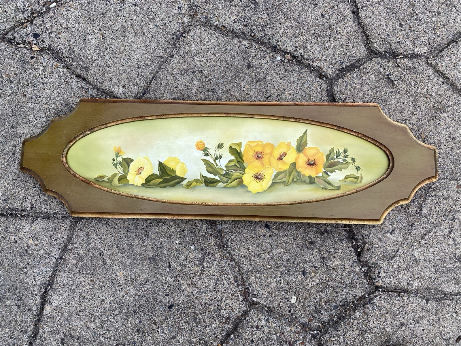 Unsigned Lg Hand Painted Yellow Roses Framed Art 30” X 9” Oval Country Floral