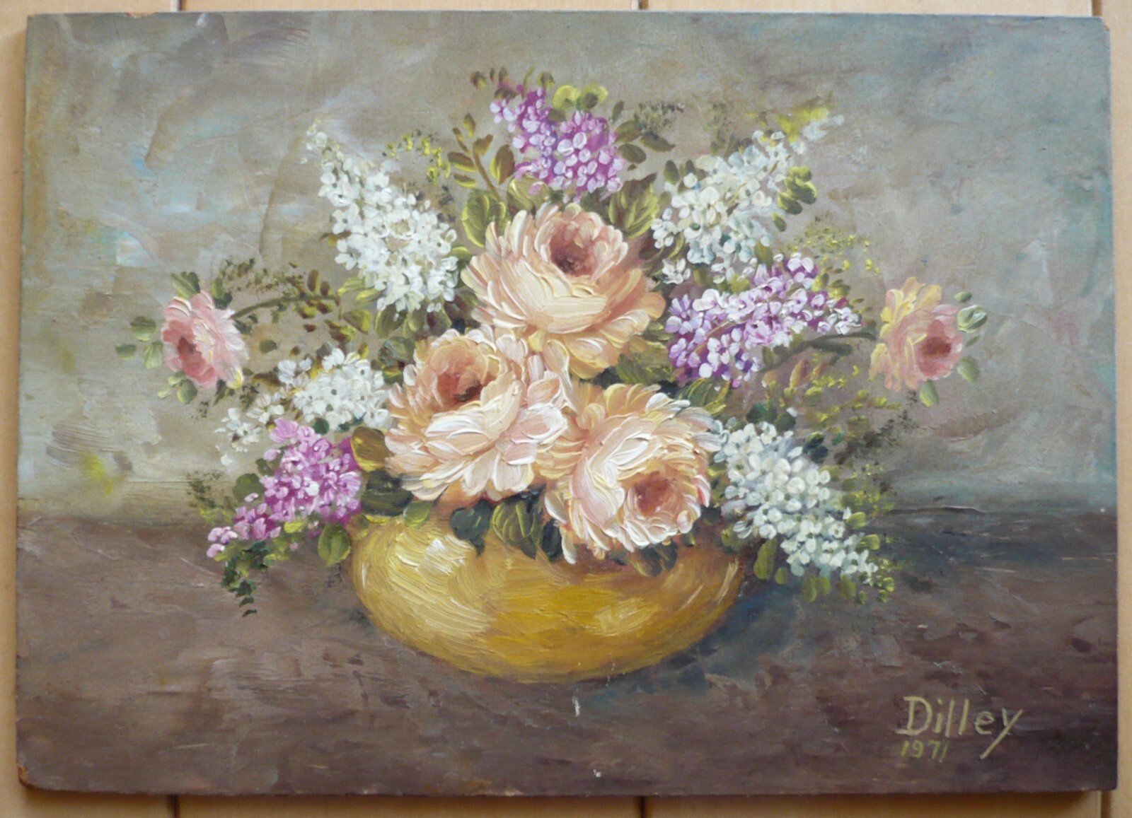 DILLEY, SMALL Ptg FLORAL FLOWERS VINTAGE SIGNED DATED 1971 IMPRESSIONISM OLD OIL