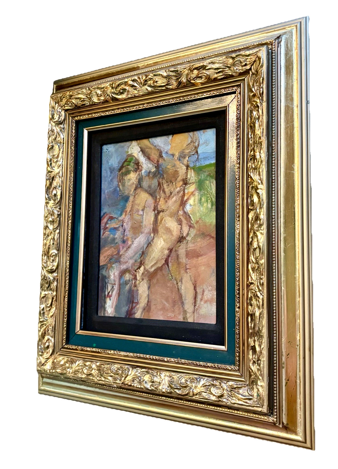Original Moderist Impressionism Double Framed Oil on Board Figural Painting