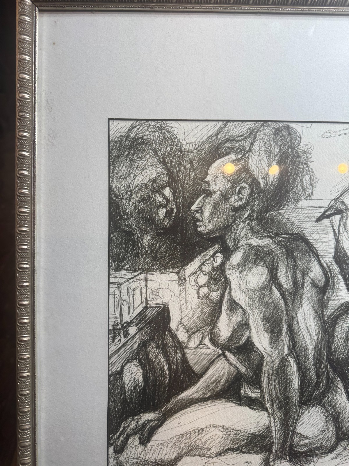Tamara Signed Modernist Female Nude Bedroom Pen Ink Drawing Framed VG Cond 24×18