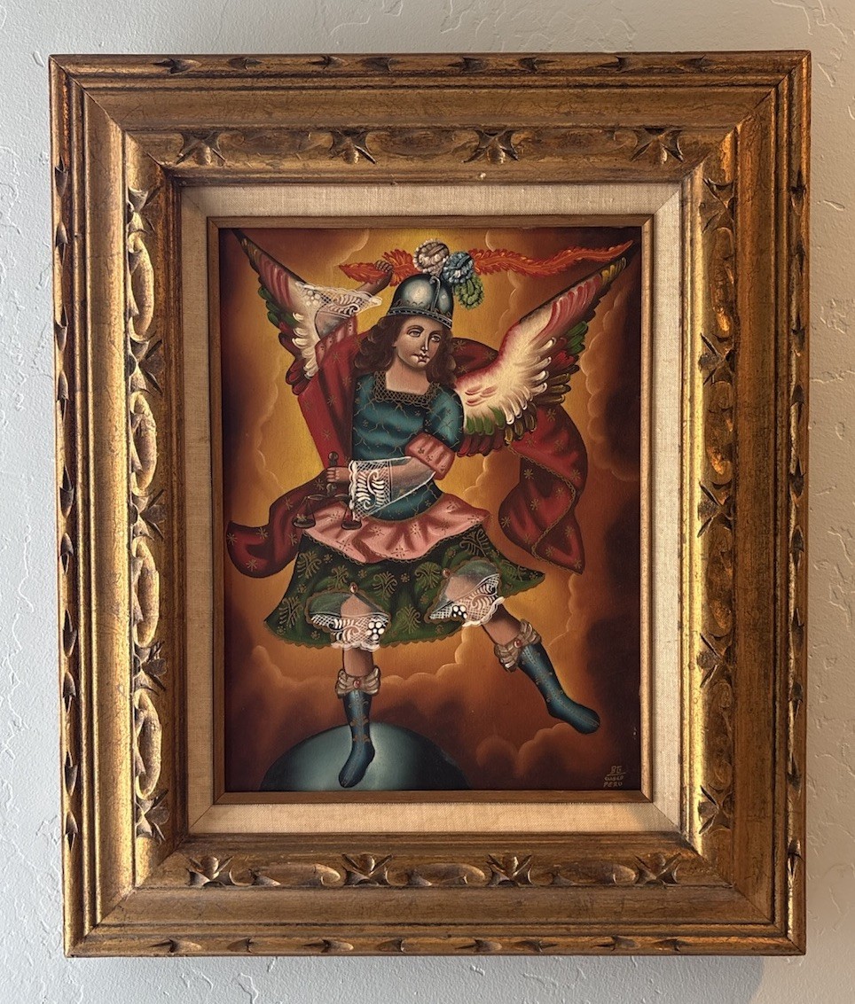 Peru Cusco School Of Art Oil On Canvas Iconic Archangel Saint Michael Signed BG