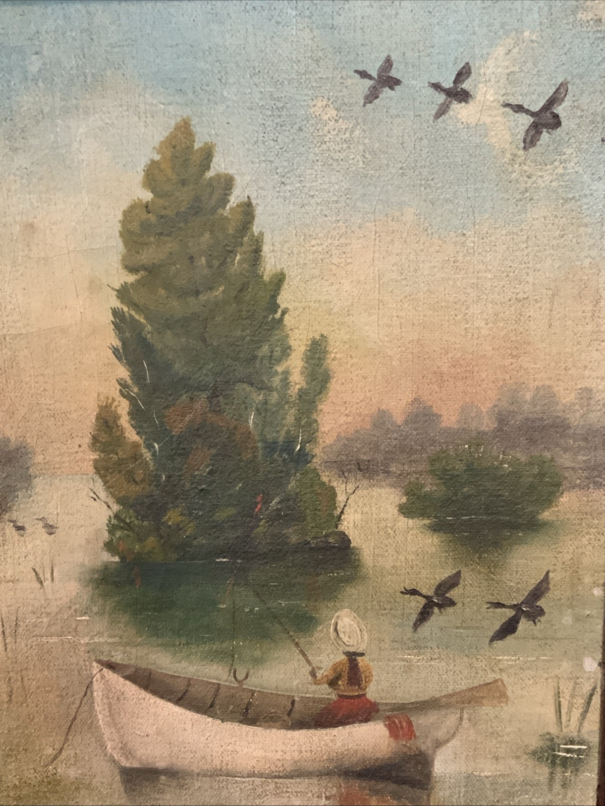 19th Century Folk Art Oil On Canvas woman fishing 1860-1870s