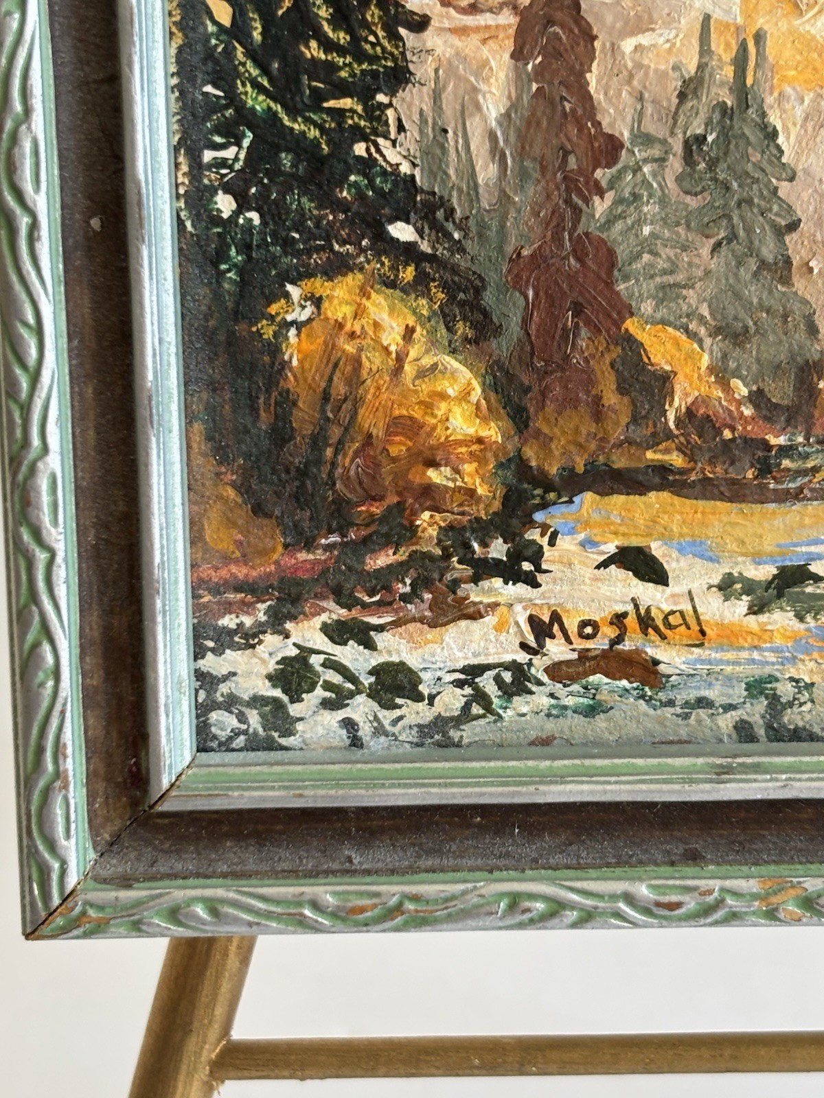 Vtg Mini Original Autumn Mountain Stream Landscape Painting Framed On Easel 3×4”