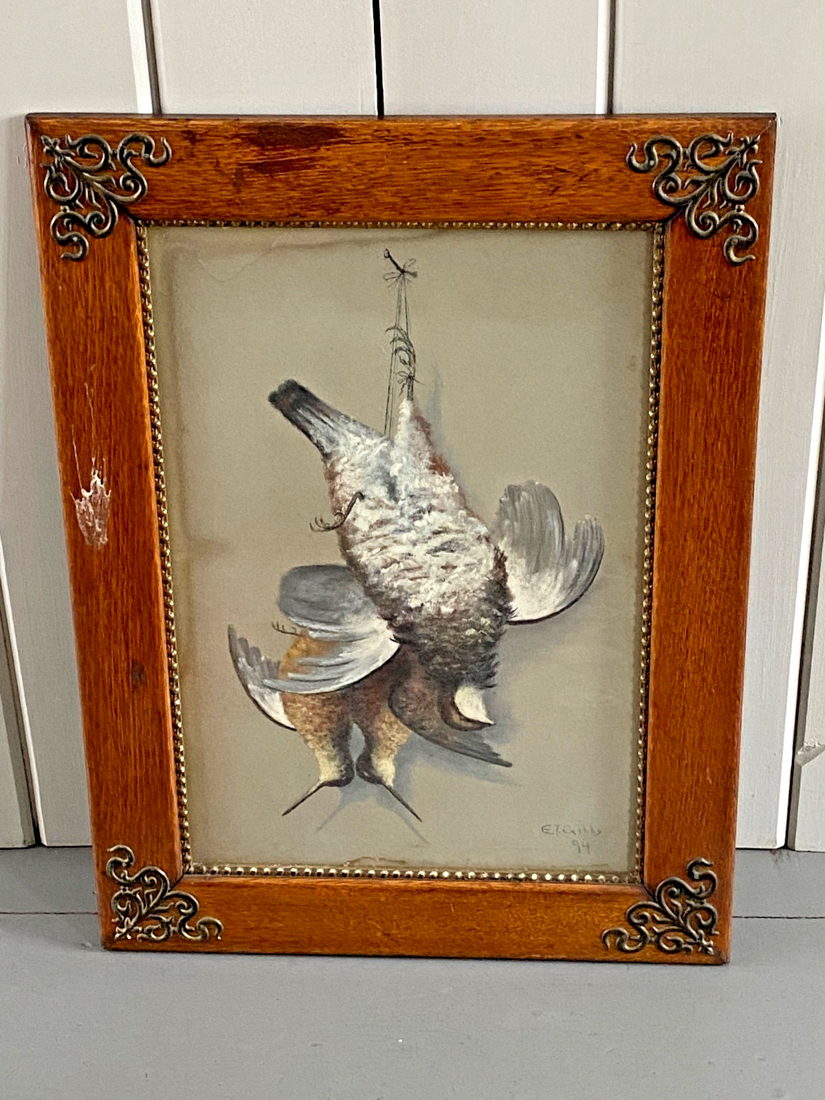 Antique Edward T. Gibbs 1894 Pastel Painting Art Oak Frame Signed Birds Hunting
