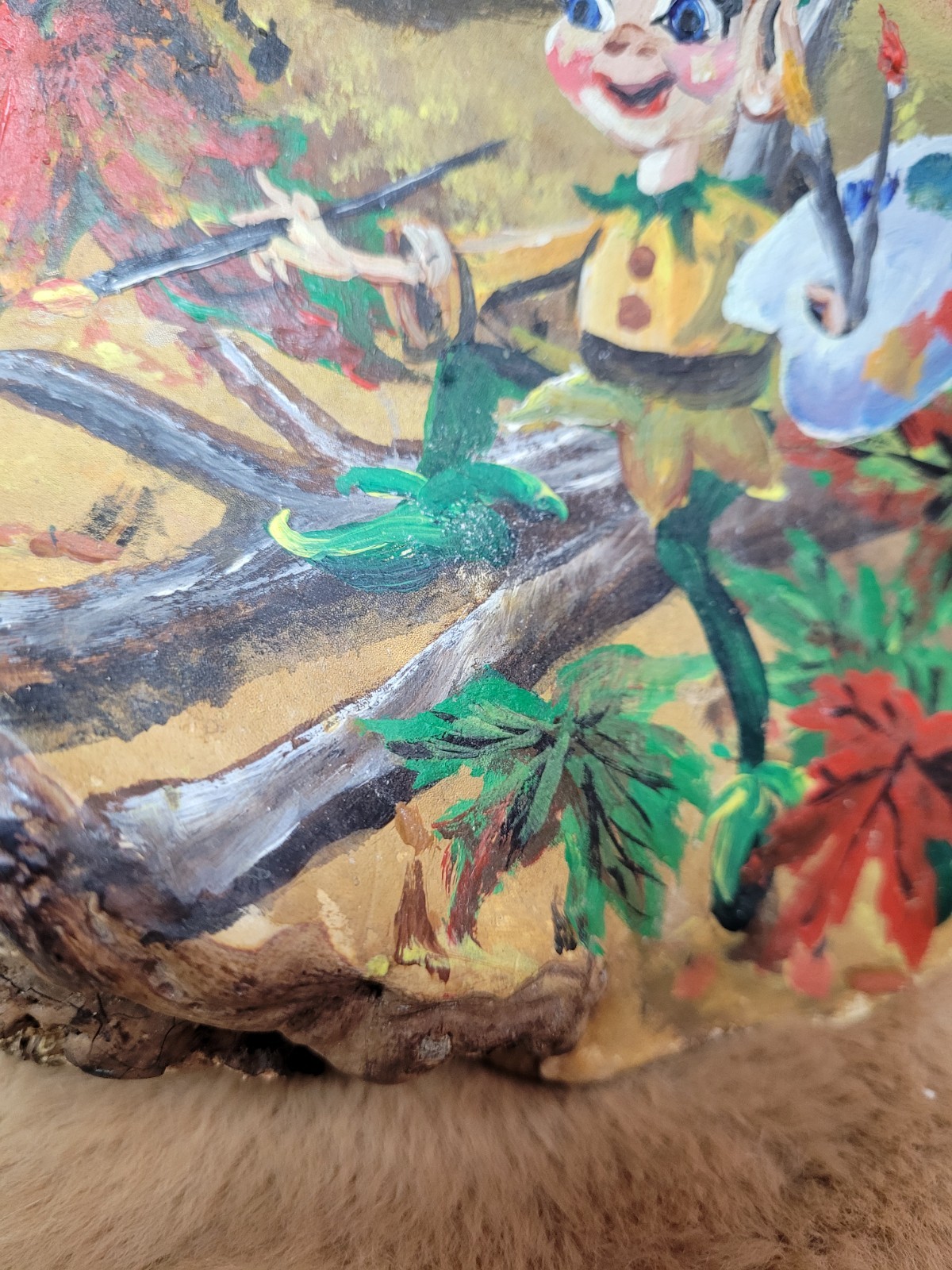 Vintage Hand Painted Conk Mushroom Pixie Scene Folk Art Woodland OOAK 1960s
