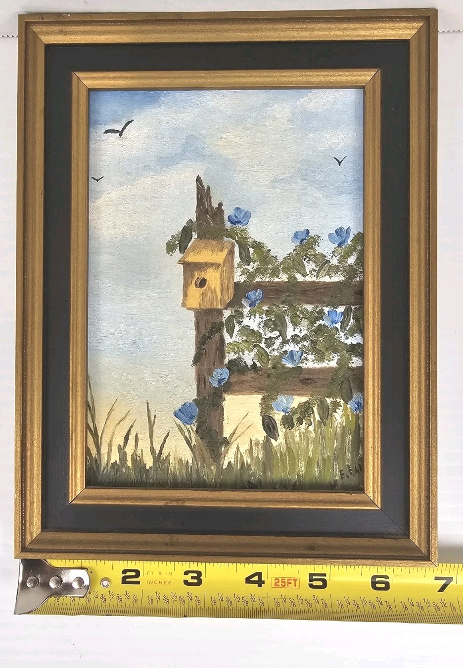 Vtg Original Oil Acrylic Painting Homestead Scene Birdhouse Blue Flowers Vines