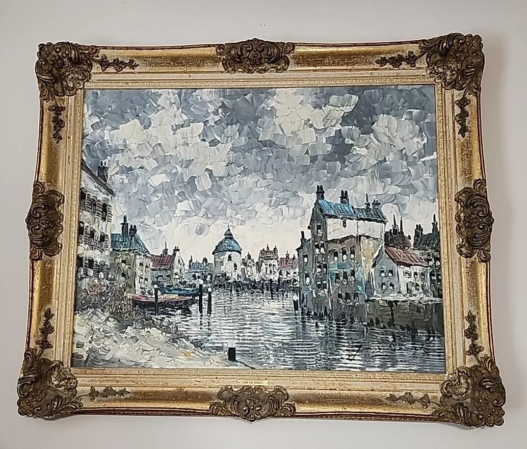Jan Van Donck Dutch Impressionist Harbor View Large Old Oil Painting