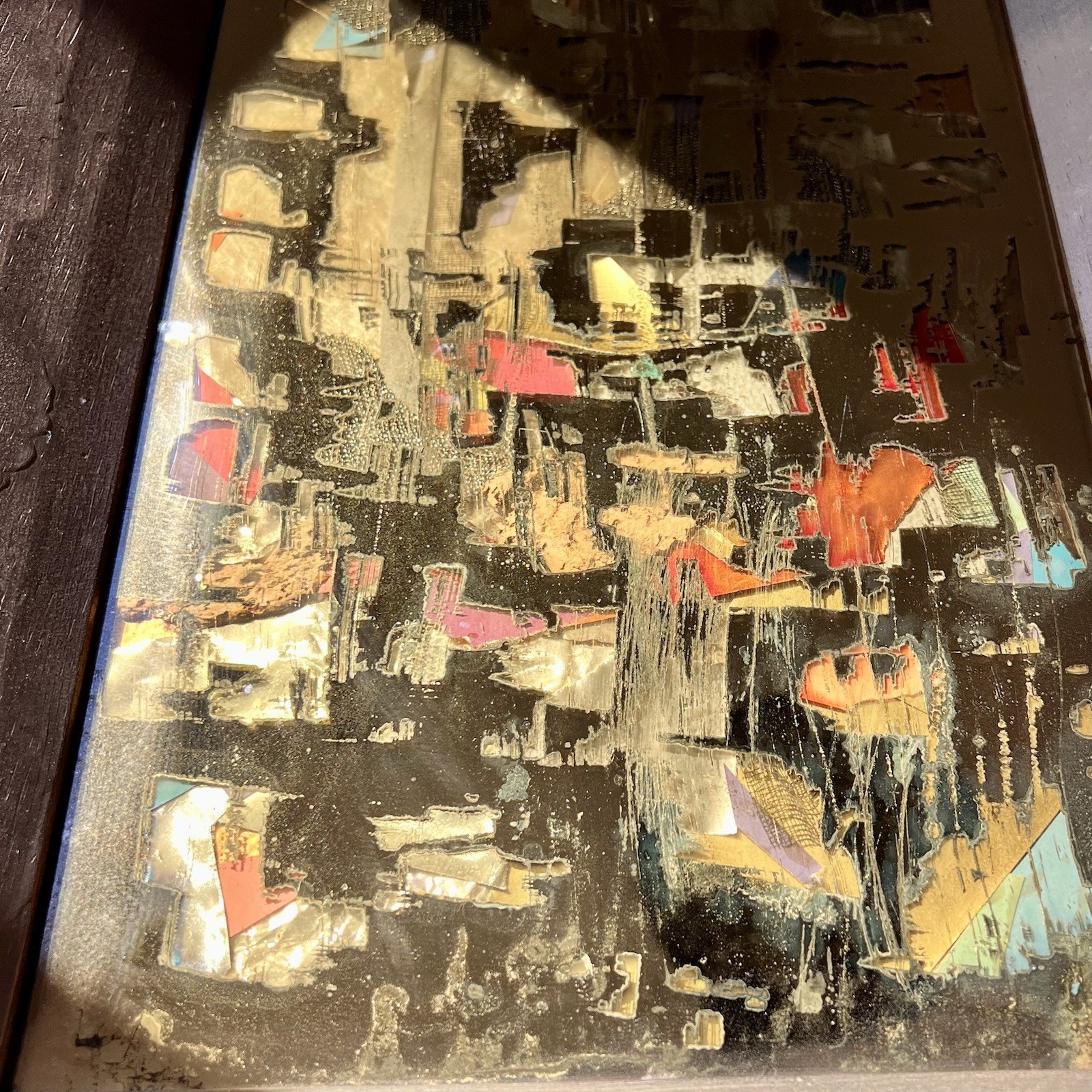 MCM Brutalist Reverse Glass Mirror Art Signed Mixed Media Wall Sculpture 25″