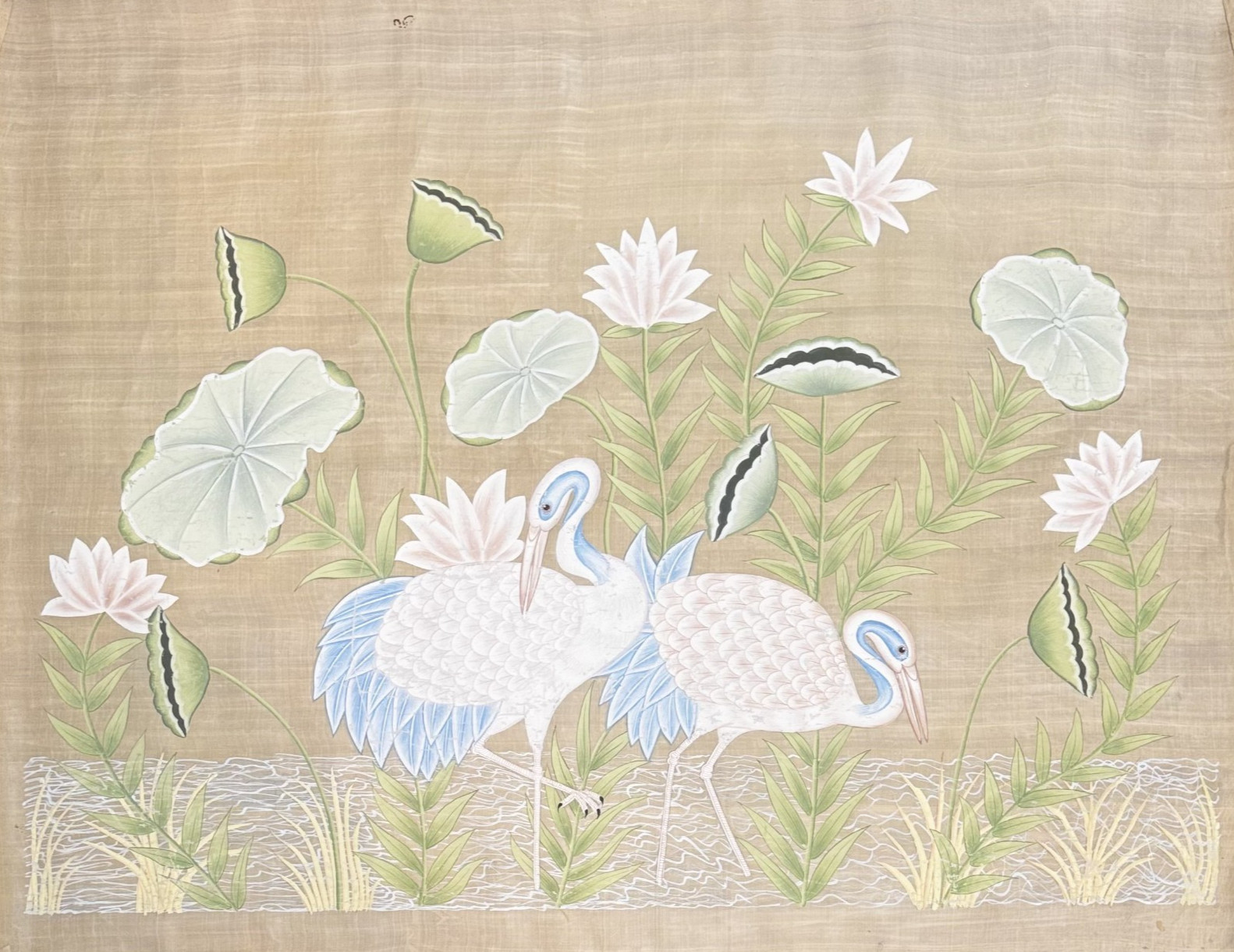 Antique Style Lotus Pond Giant Hand Painted Silk Art Chinoiserie Crane Birds
