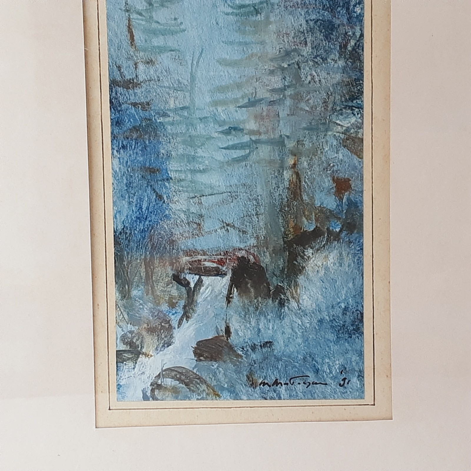 Abstract Watercolor Painting Winter Forest w Waterfall 13×17 framed signed 1991