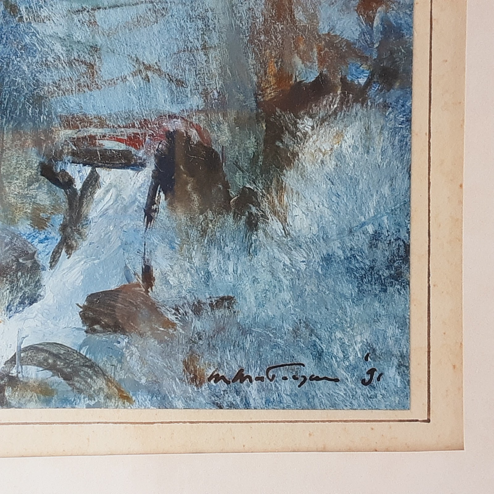 Abstract Watercolor Painting Winter Forest w Waterfall 13×17 framed signed 1991