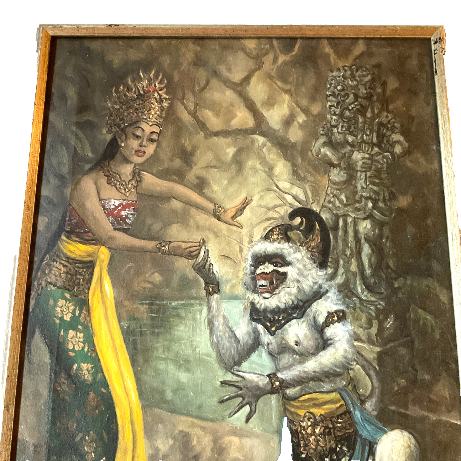 original oil painting Balinese woman portrait mythical monkey god signed vinage