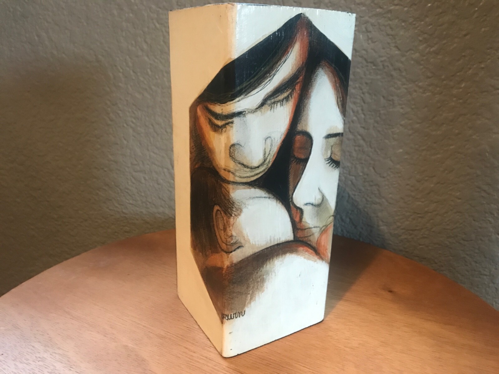 Irwin Brown MCM Painted Wood Block, Family 8 1/2” tall X 3 1/2” Wide