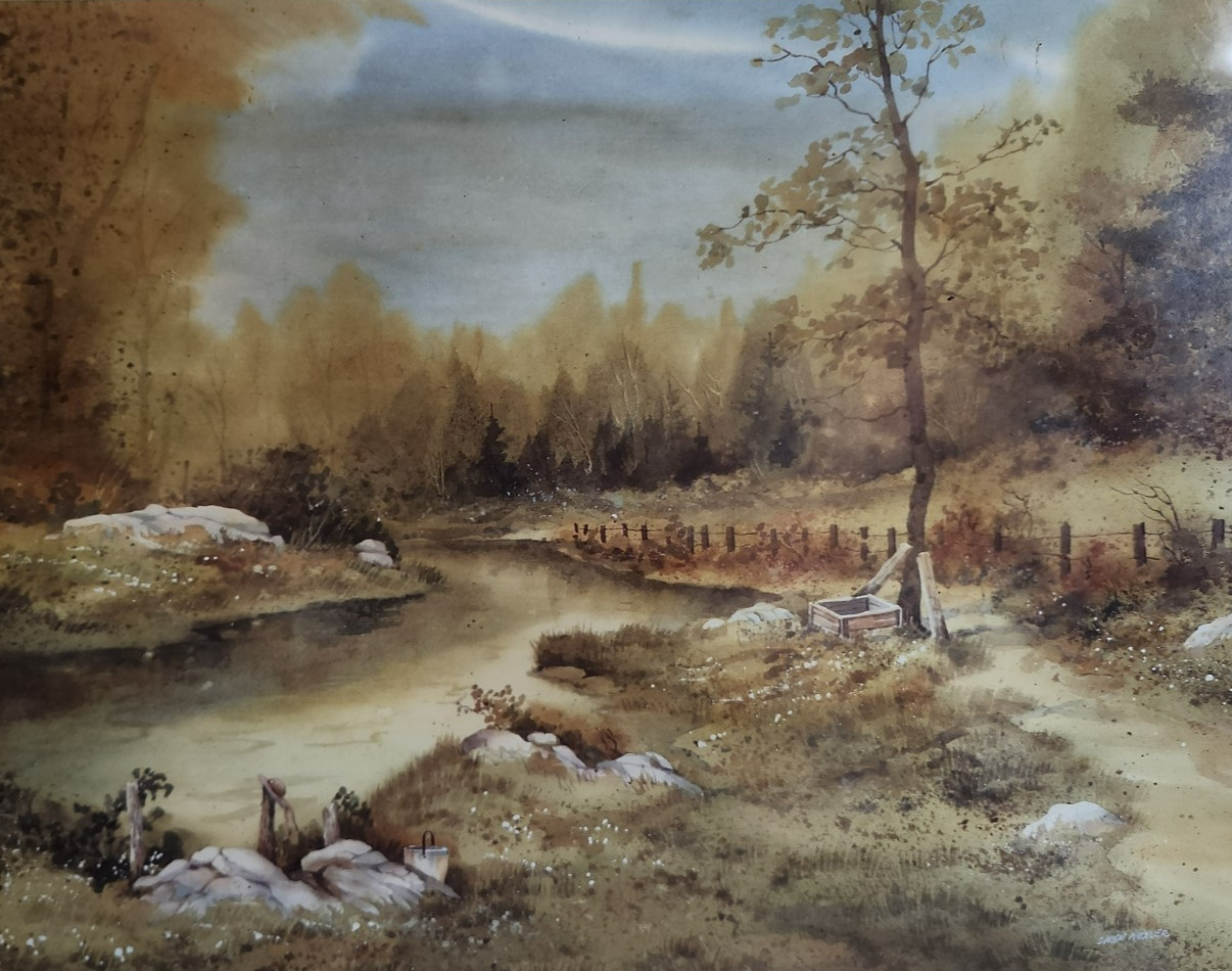Vintage Framed Reprint of Landscape Watercolor Painting by Owen Wexler