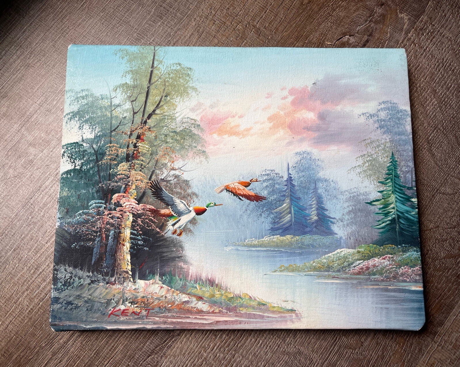 Vintage Landscape Canvas Painting with Flying Ducks water artist signed “Kent”