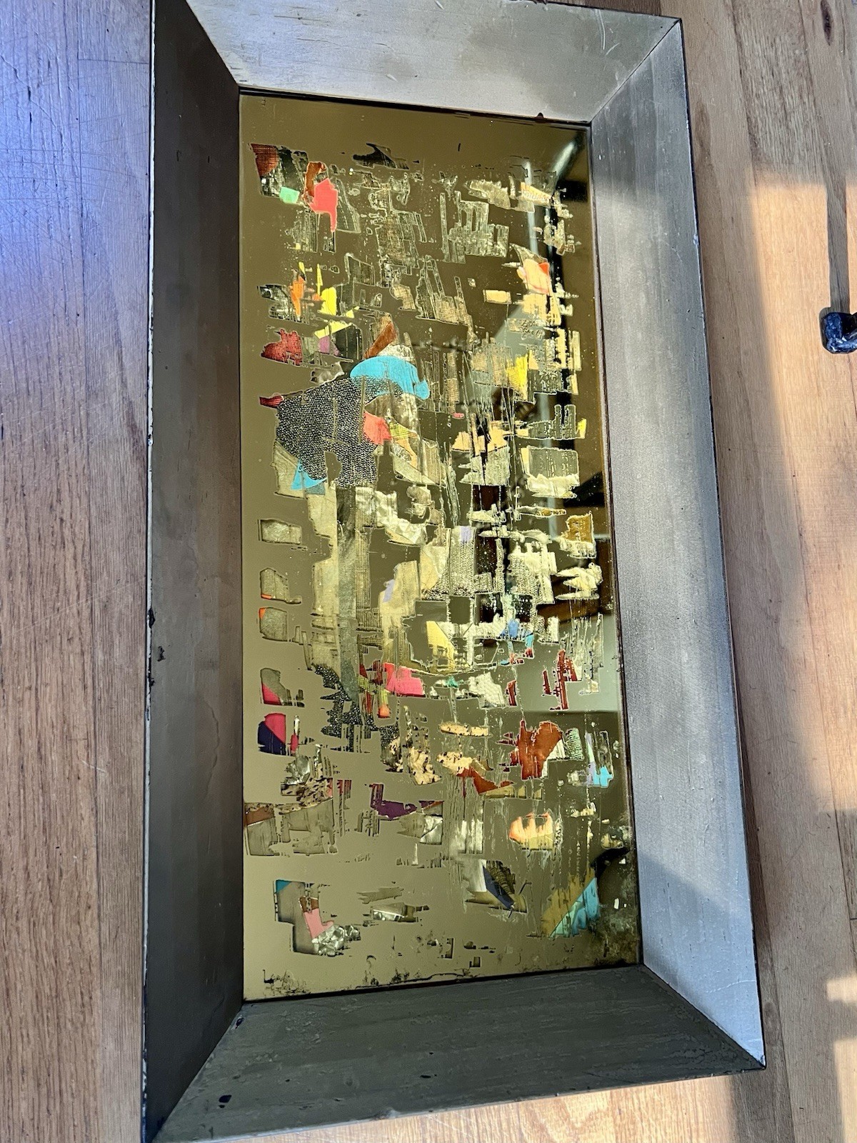 MCM Brutalist Reverse Glass Mirror Art Signed Mixed Media Wall Sculpture 25″