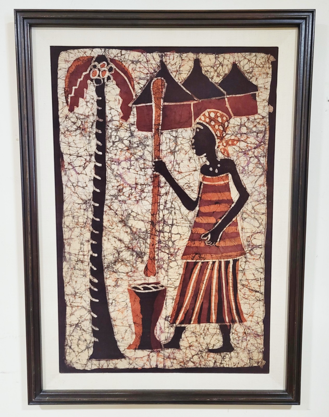 LARGE Vintage AFRICAN 20th C Framed & Matted BATIK Folk Art PAINTING on Cloth
