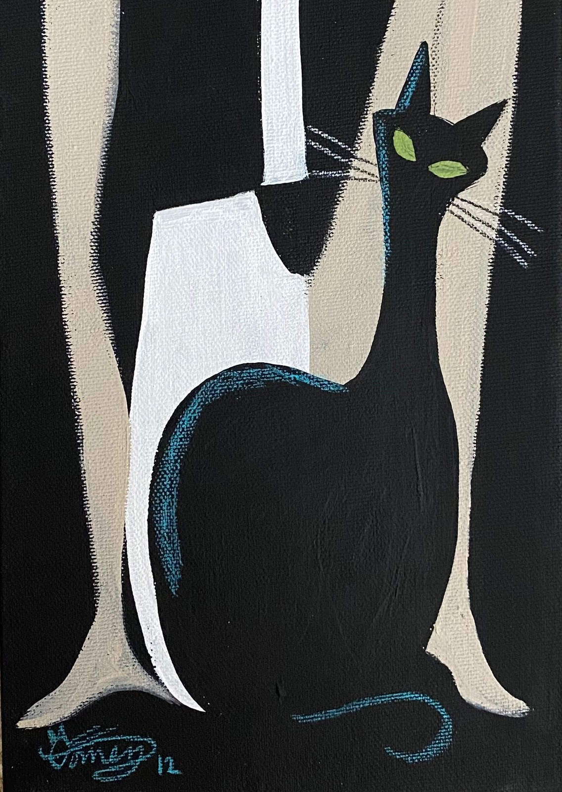 El Gato Gomez Original Art – MCM Girl in B/W with Black Cat – Blue Hair Streaks