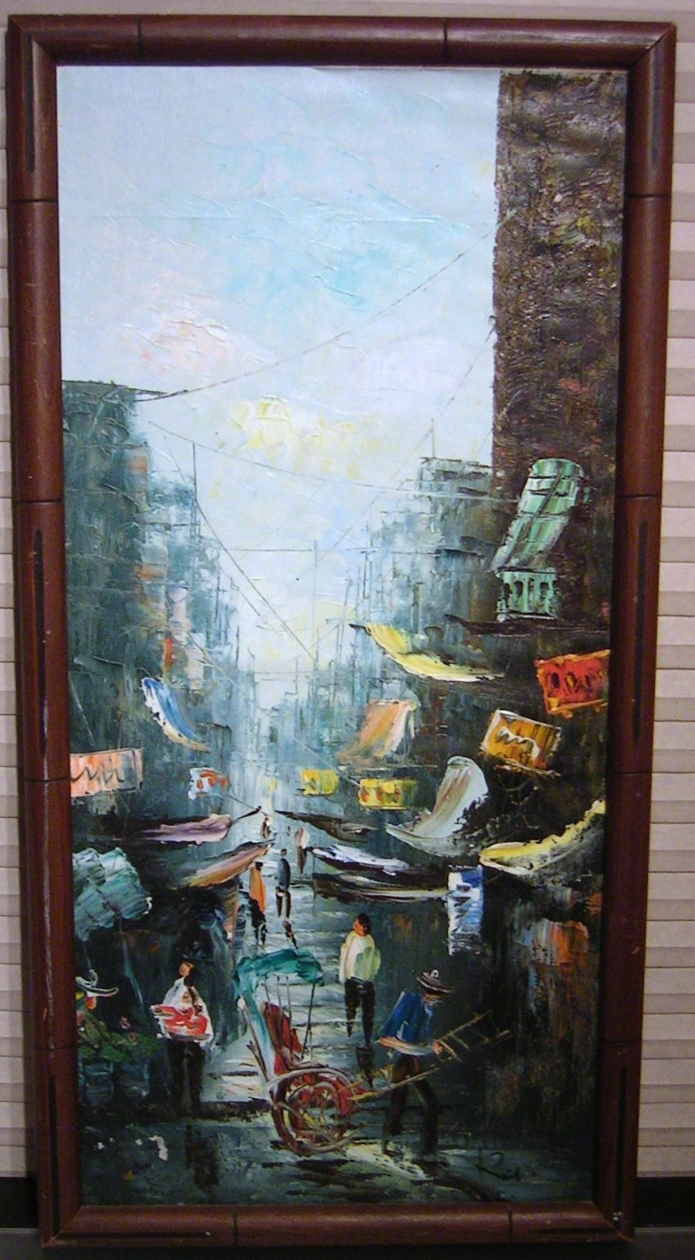 Vtg Abstract Expressionist Cityscape Oil Painting Thailand Street Market Signed