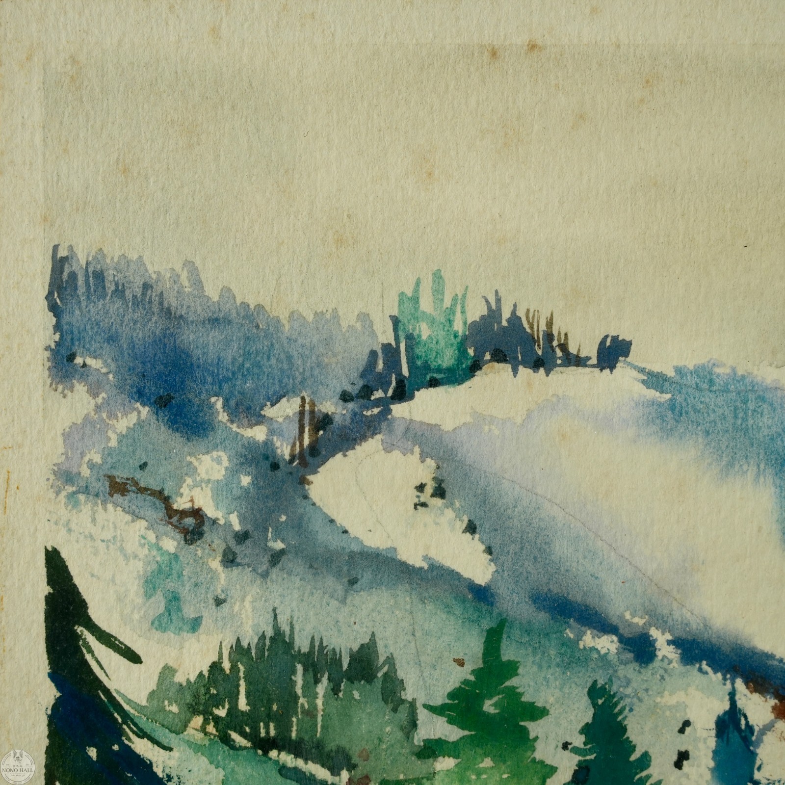Vintage Original Impressionist Landscape Watercolor Painting «Alpine Winter»