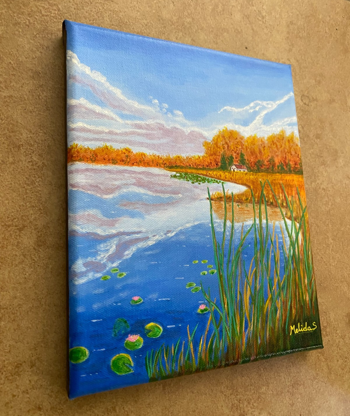 Lake ORIGINAL Painting, Sky Reflections, Lake Reflections Water Lilies Art 8×10