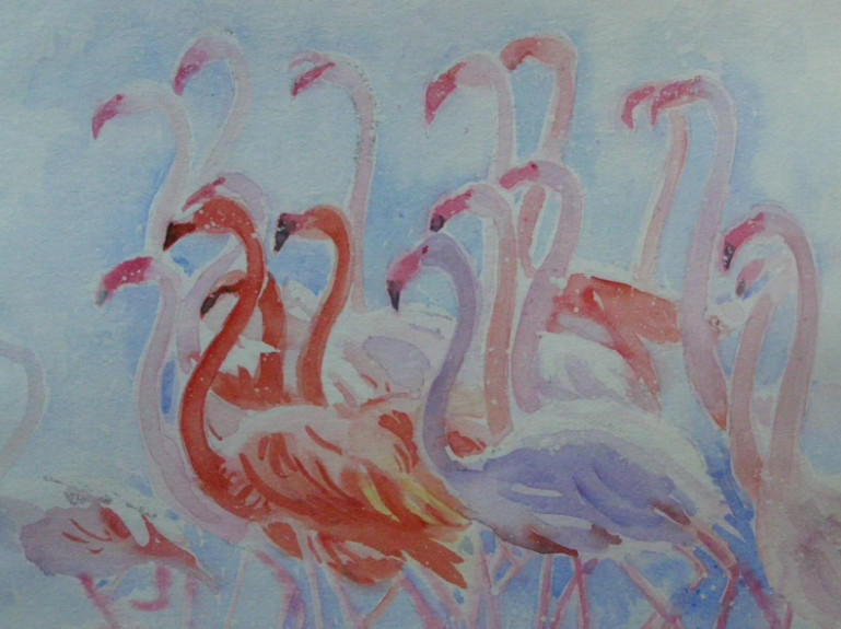 FLAMINGO Birds Original Watercolor Acrylic Painting Art By Artist