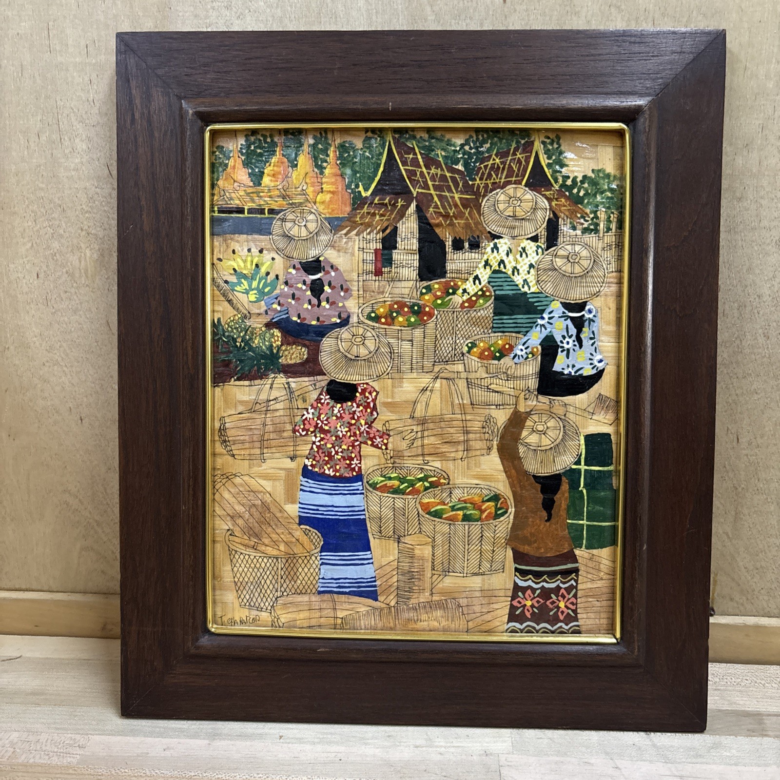 Rare Framed Original Painting On Woven Leaf Mat By T. Ehararod 8″ x 10”
