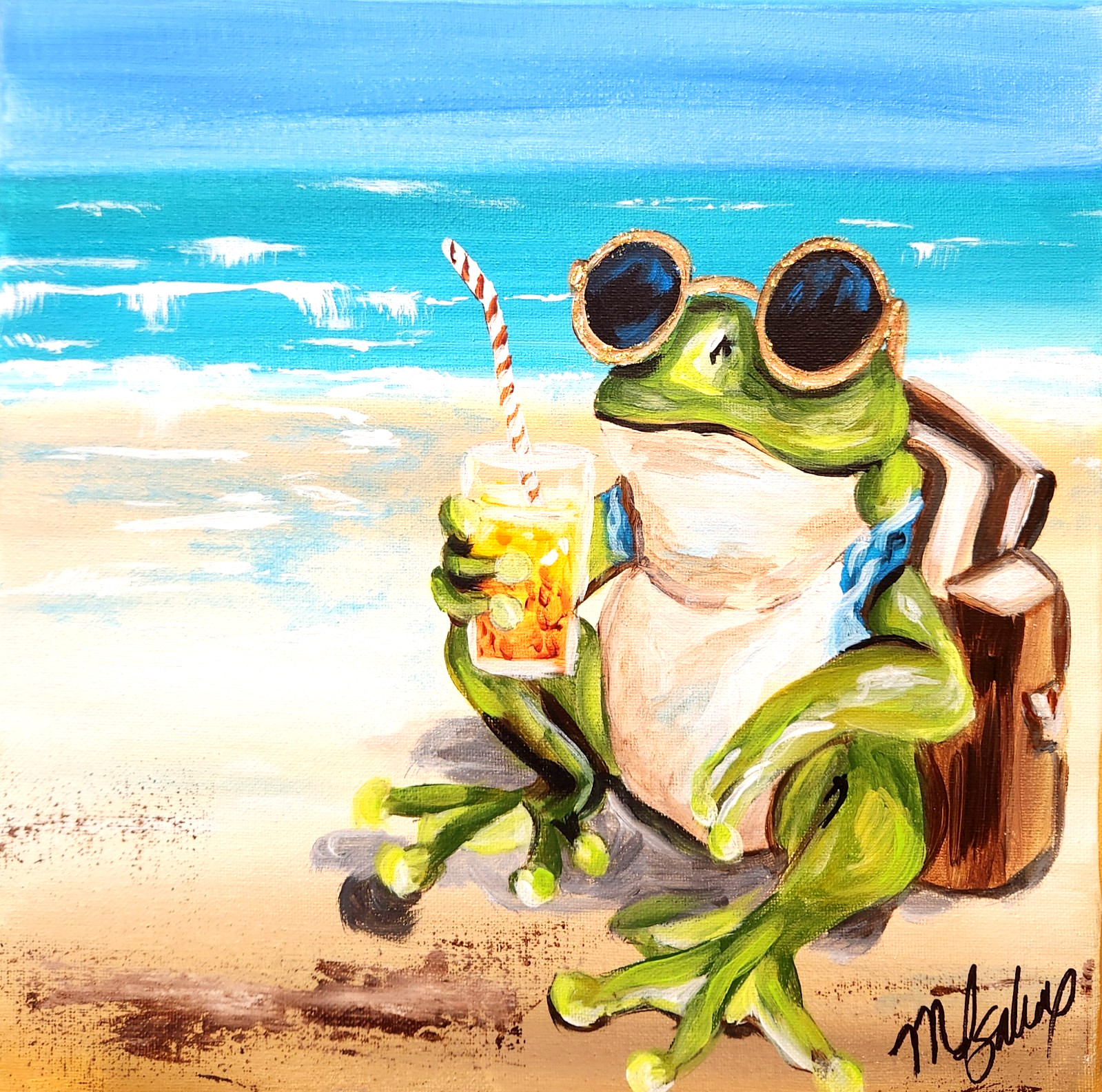 Cool Frog Beach Painting 12×12 Tropical Coastal Wall Art Original