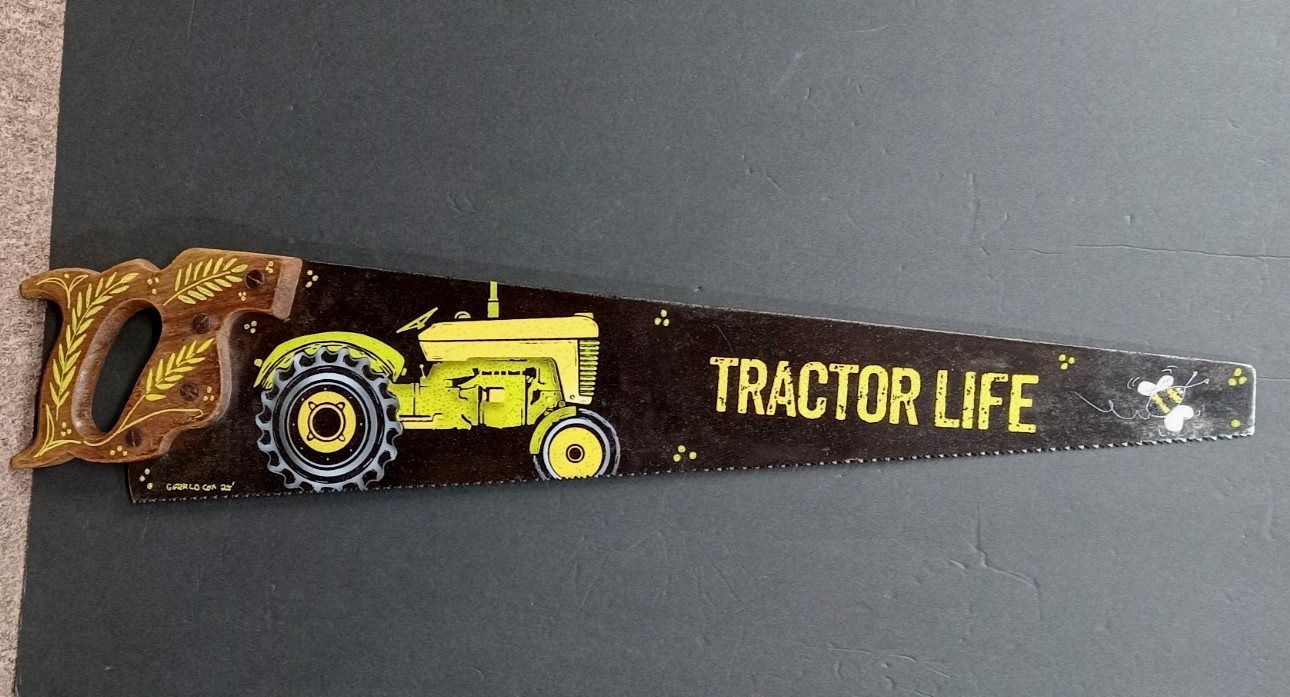Hand saw painted with farm tractor John Deere, Art Hand Saw- Rustic Wall Decor.