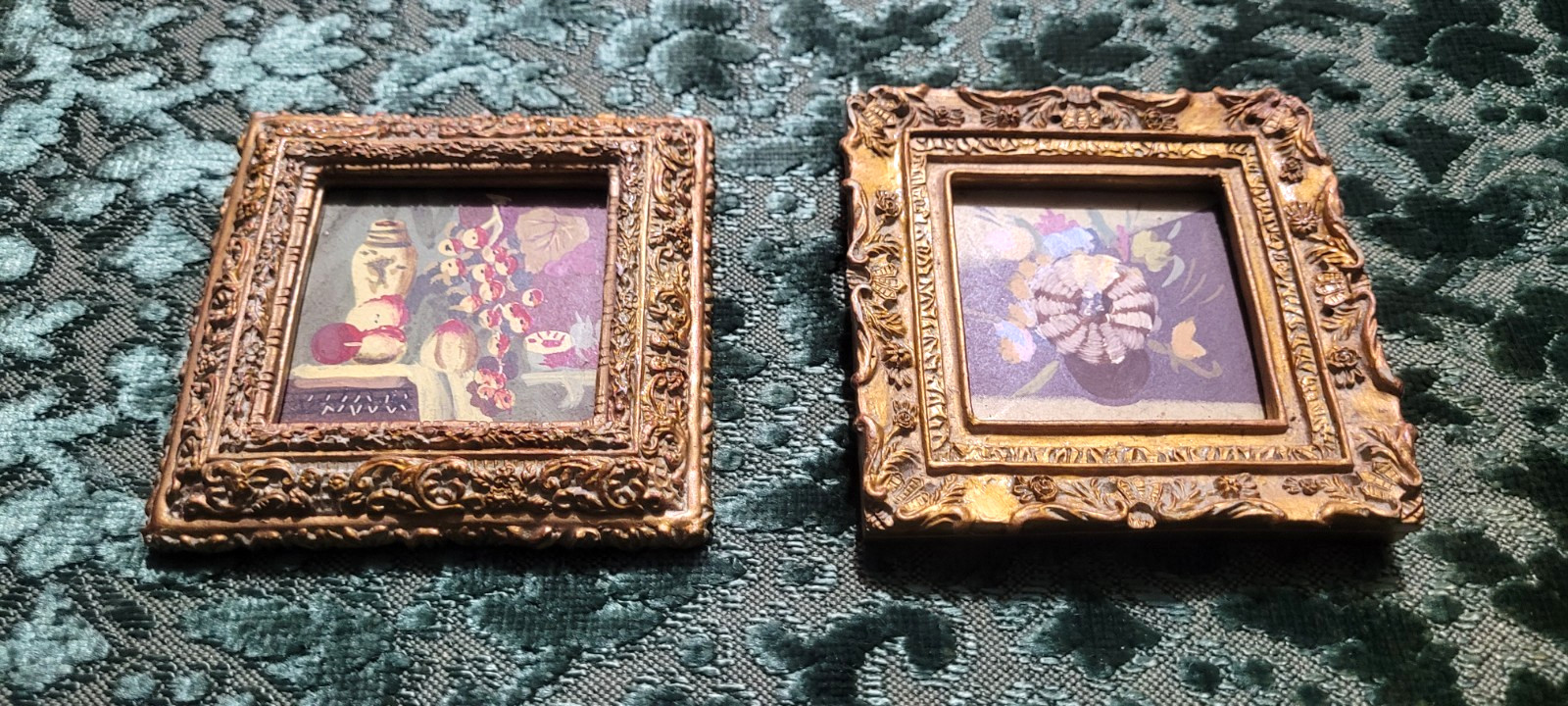 Set of 2 Mini Gold Framed Still Life Acrylic/Oil Paintings Decorative Display