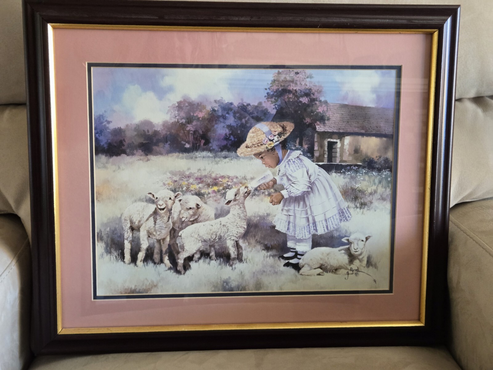 G. Rose painting, African American Girl Feeding Lambs, Giclee on Canvas, Signed