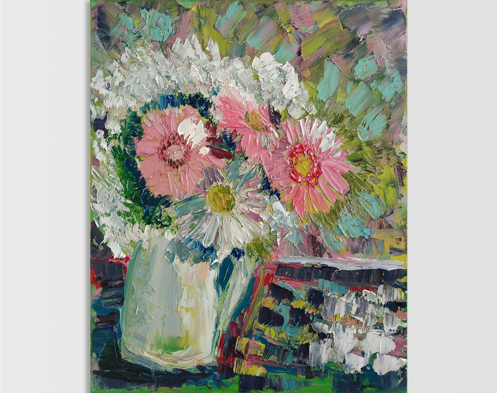 Original oil Painting Daisy Flowers Still Life Pink White Bouquet In Vase art