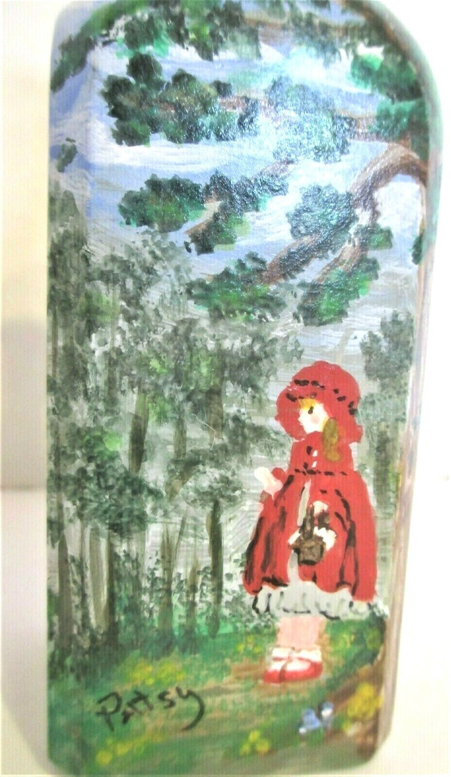 UNIQUE Handpainted Artist Signed Square 5″ GLASS BOTTLE Red Riding Hood Scenes