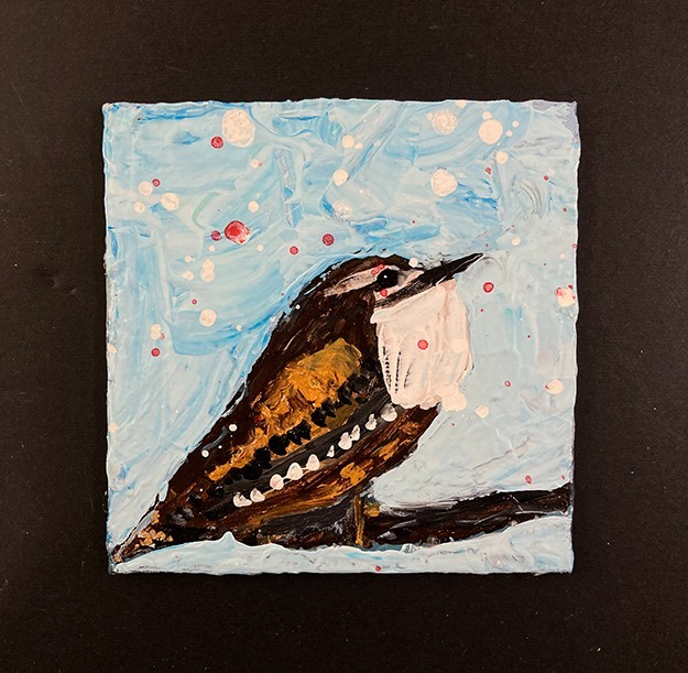 Wren Bird Animal Painting Original 4×4 Songbird Snowy Winter Wall Art Miz Katie