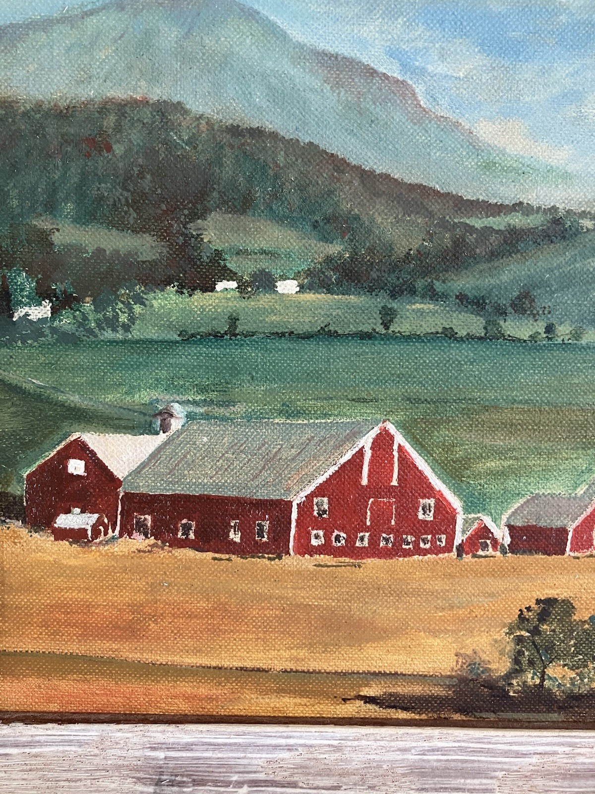 Vintage 50s Framed Primitive Folk Art Farm Barn Landscape Oil Painting 10×13