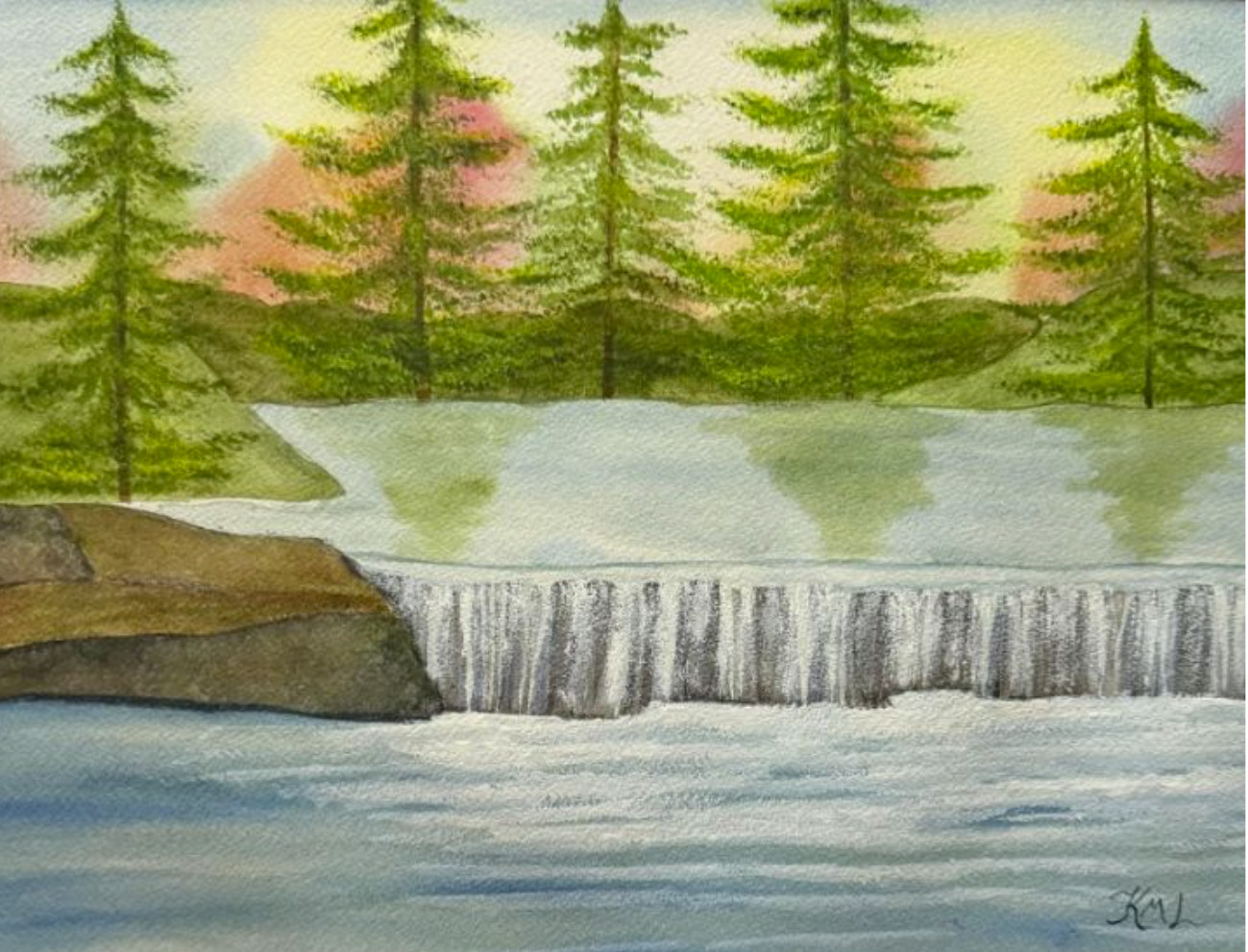 PAINTING WATERCOLOR 11X14 AND WHITE MAT 16X20 WATERFALL TREES RIVER LANDSCAPE