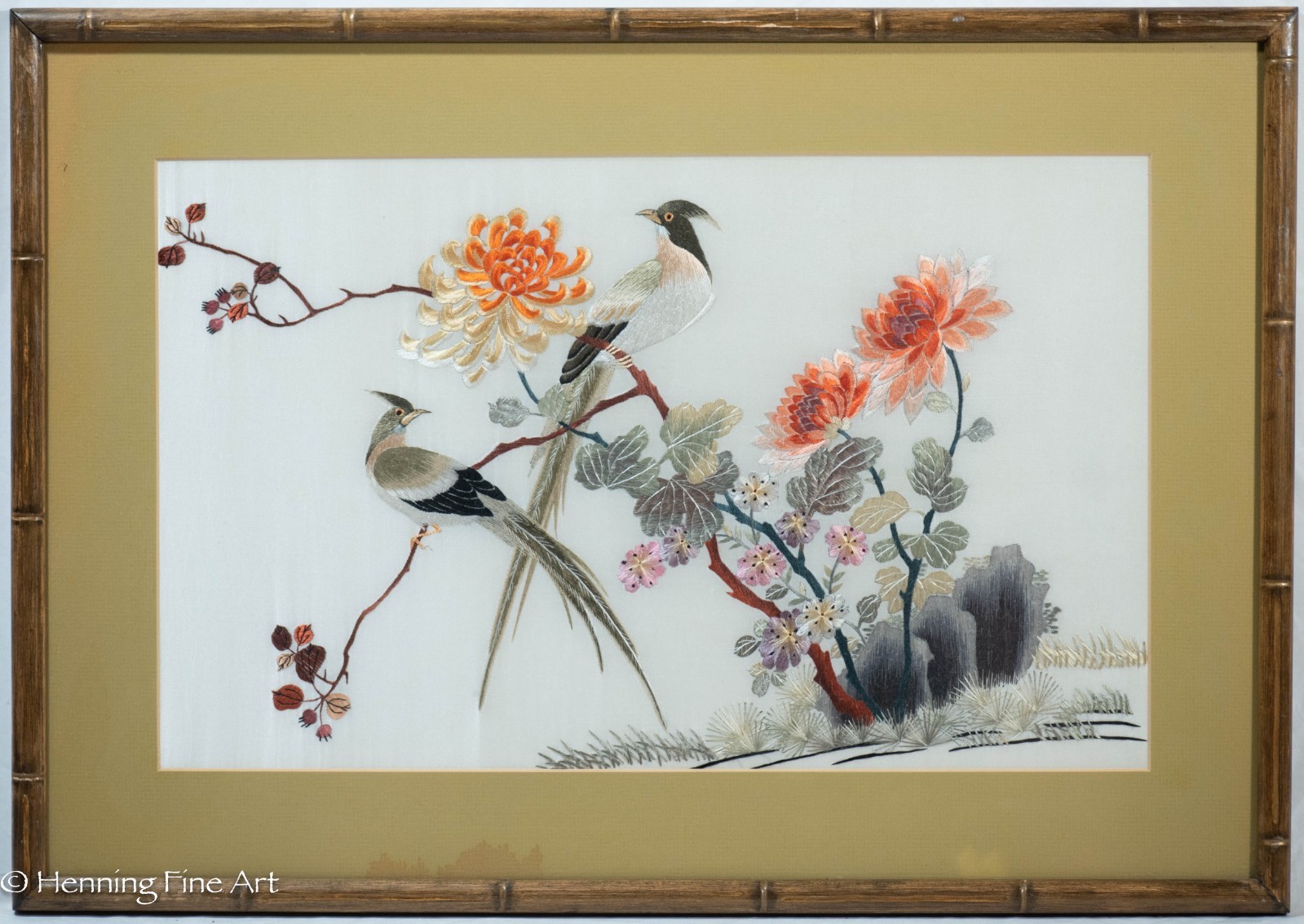 Beautiful Vintage Asian Silk Embroidery of Birds in Floral Tree Framed 19×27″