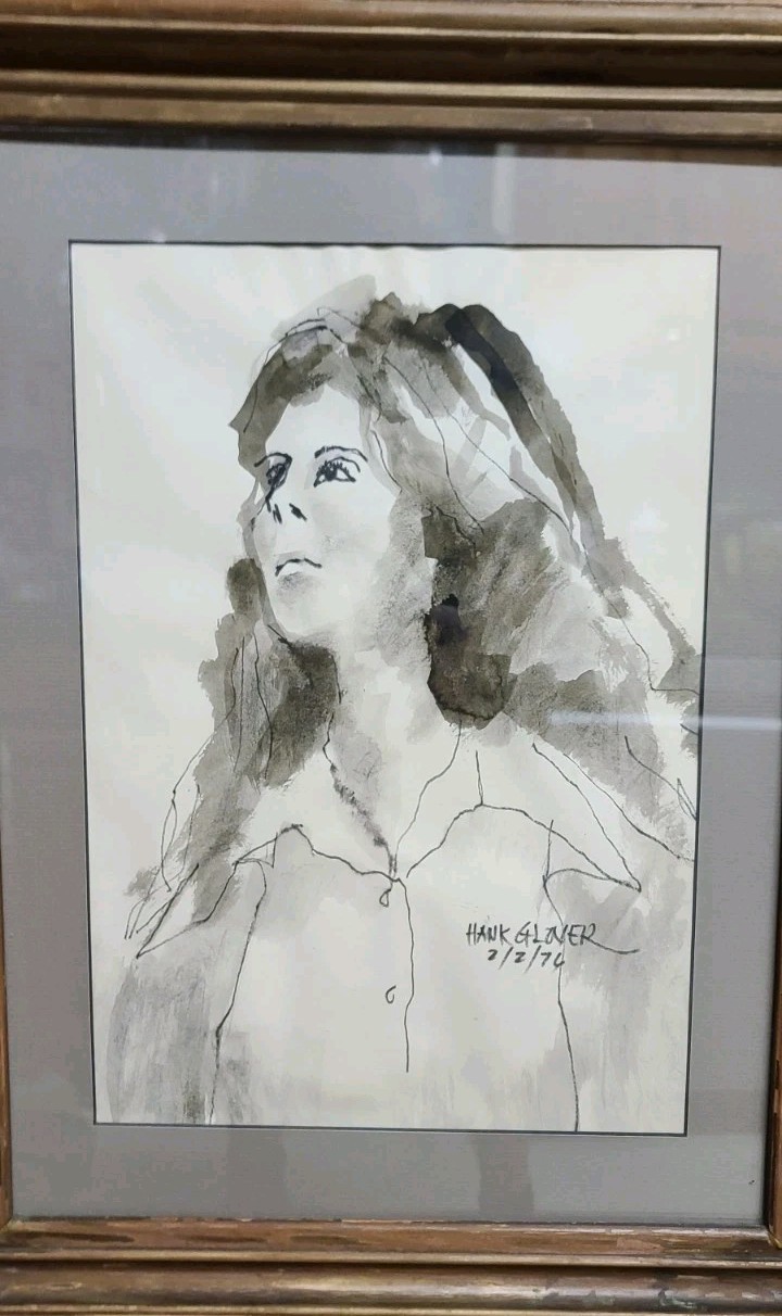 Vintage Hank Glover 76 Charcoal Drawing Woman Portrait 13×9″ Photo 16×15″ Frame